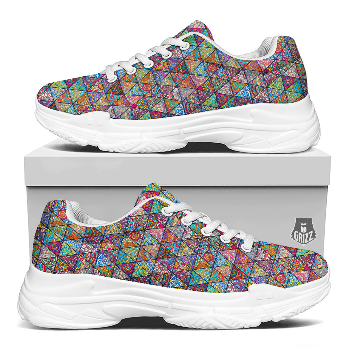 Patchwork Ethnic Mandala Print Pattern White Chunky Shoes-grizzshop