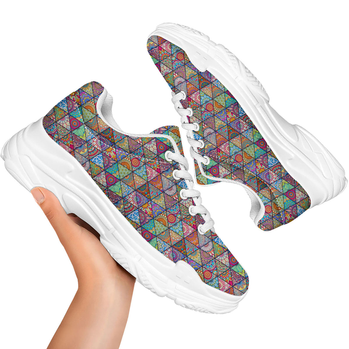 Patchwork Ethnic Mandala Print Pattern White Chunky Shoes-grizzshop