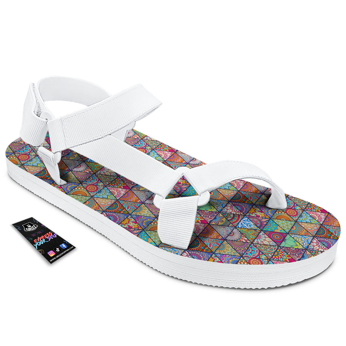 Patchwork Ethnic Mandala Print Pattern White Open Toe Sandals-grizzshop