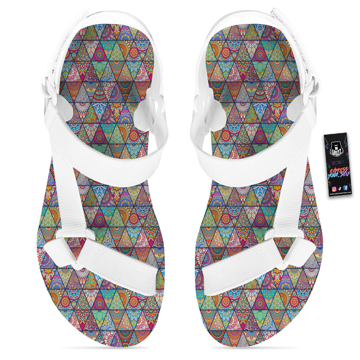 Patchwork Ethnic Mandala Print Pattern White Open Toe Sandals-grizzshop