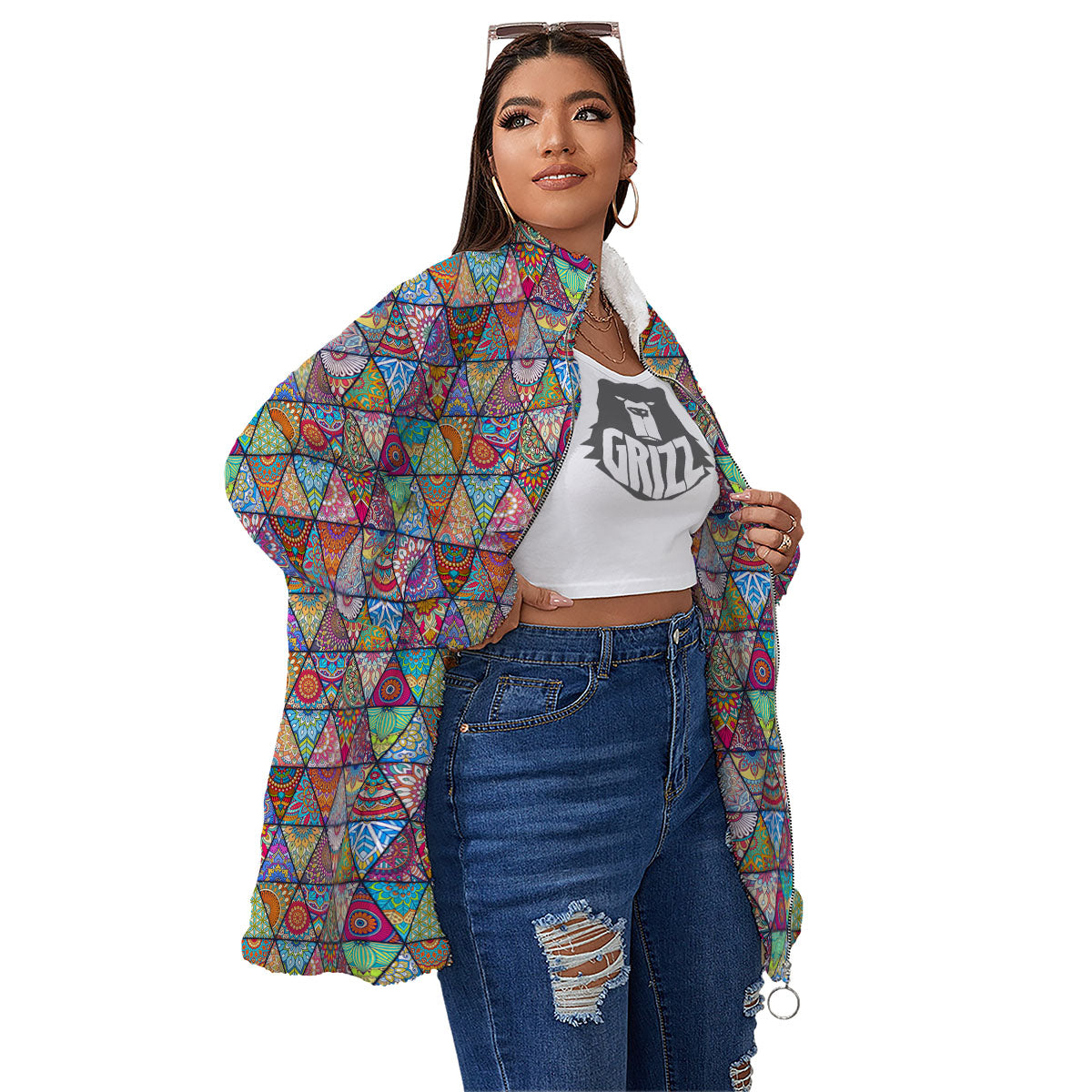 Patchwork Ethnic Mandala Print Pattern Women's Sherpa Jacket-grizzshop
