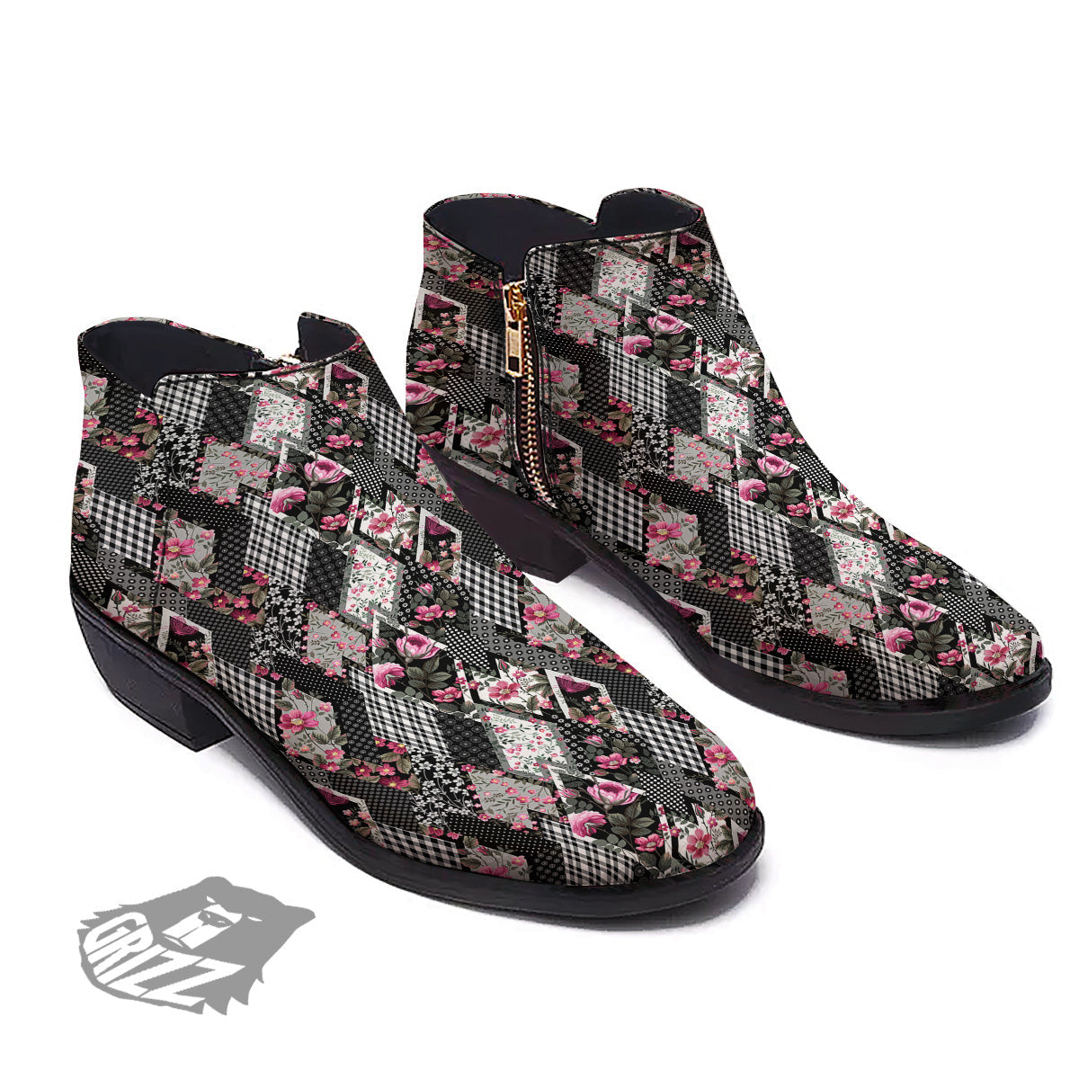 Patchwork Floral Black Pink Print Pattern Ankle Boots-grizzshop