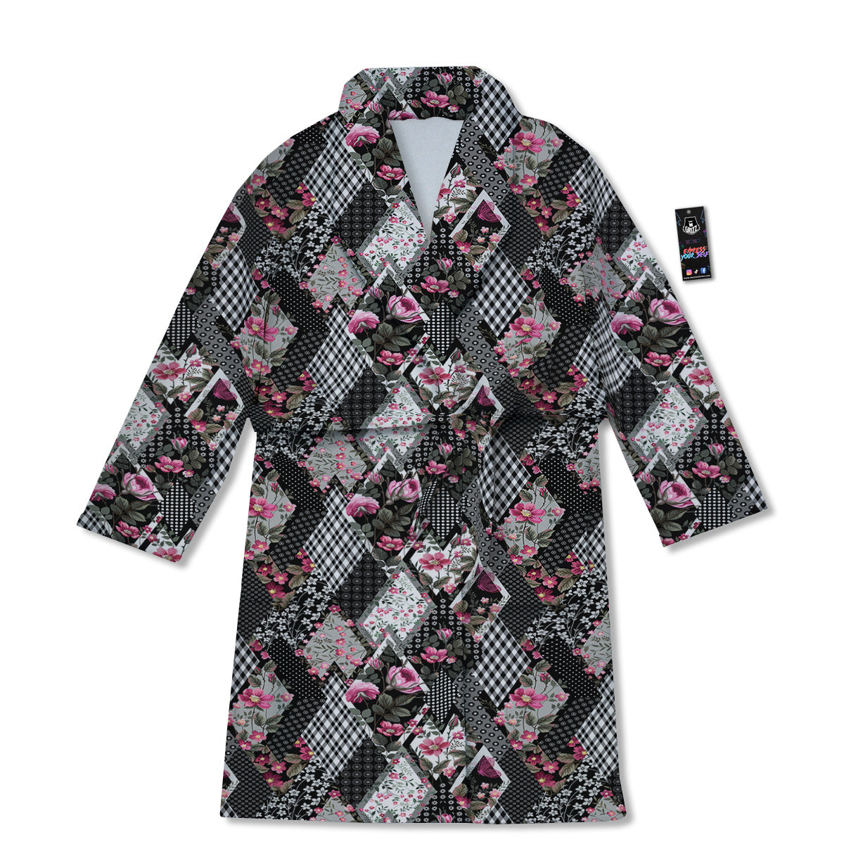 Patchwork Floral Black Pink Print Pattern Bathrobe-grizzshop