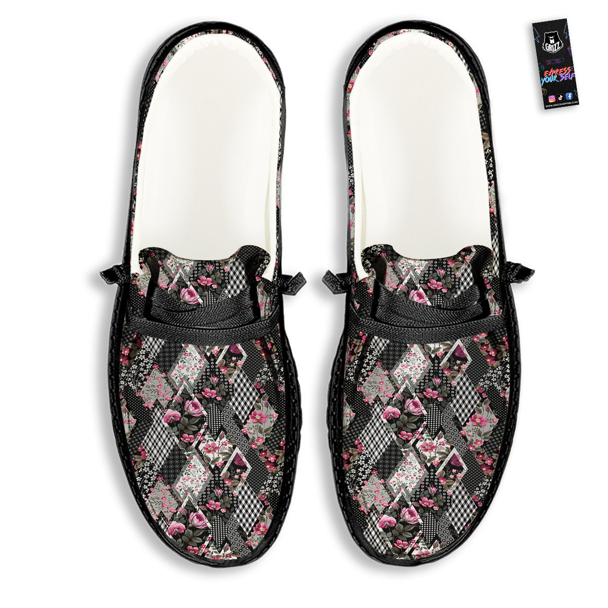 Patchwork Floral Black Pink Print Pattern Black Loafers-grizzshop