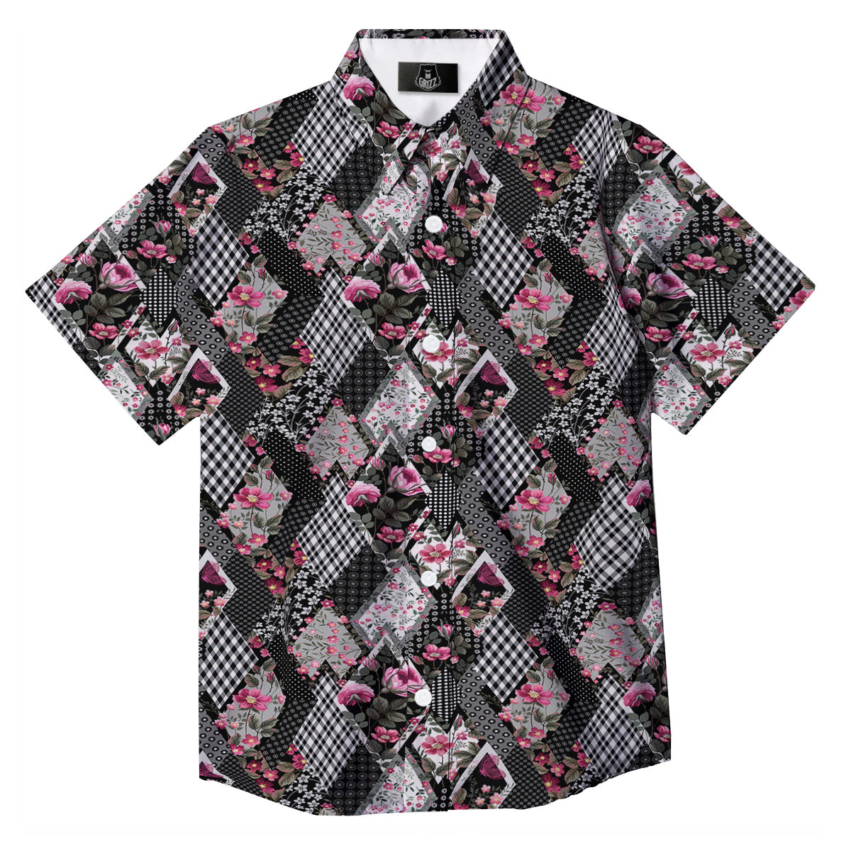 Patchwork Floral Black Pink Print Pattern Button Up Shirt-grizzshop