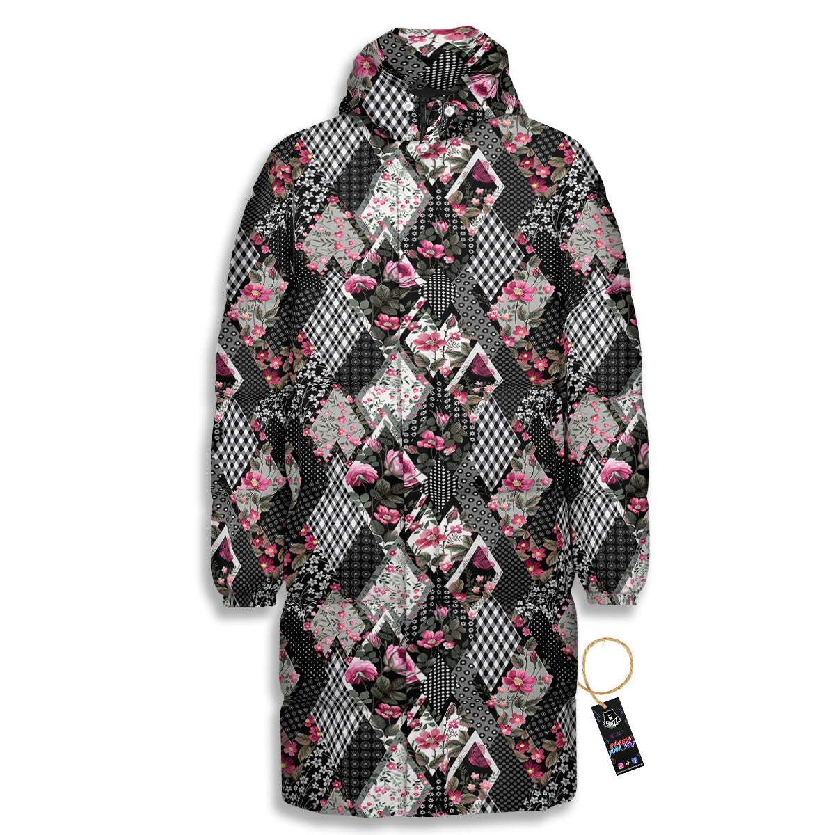 Patchwork Floral Black Pink Print Pattern Long Down Jacket-grizzshop