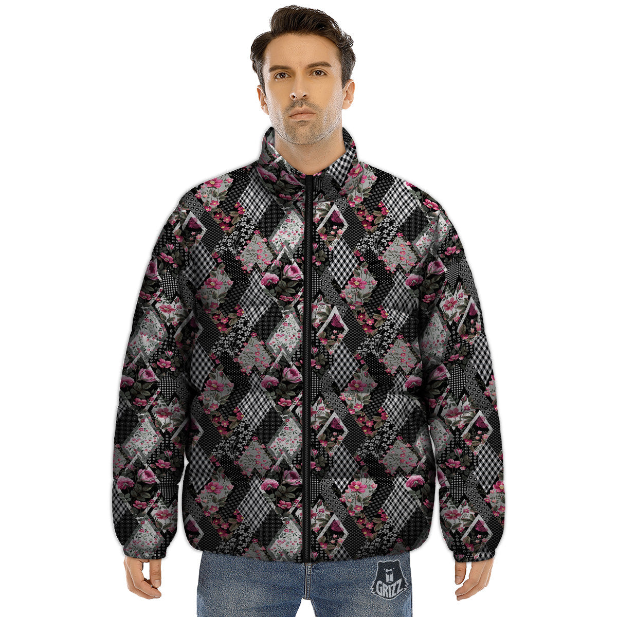 Patchwork Floral Black Pink Print Pattern Puffer Jacket-grizzshop