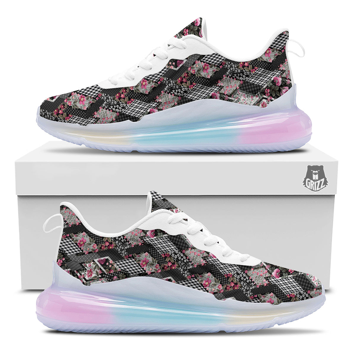 Patchwork Floral Black Pink Print Pattern Running Sneakers-grizzshop