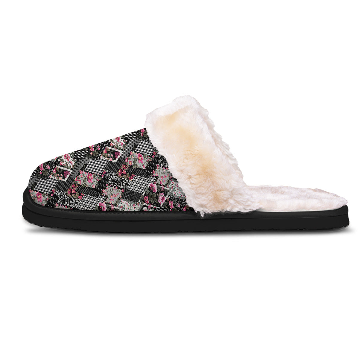 Patchwork Floral Black Pink Print Pattern Slippers-grizzshop
