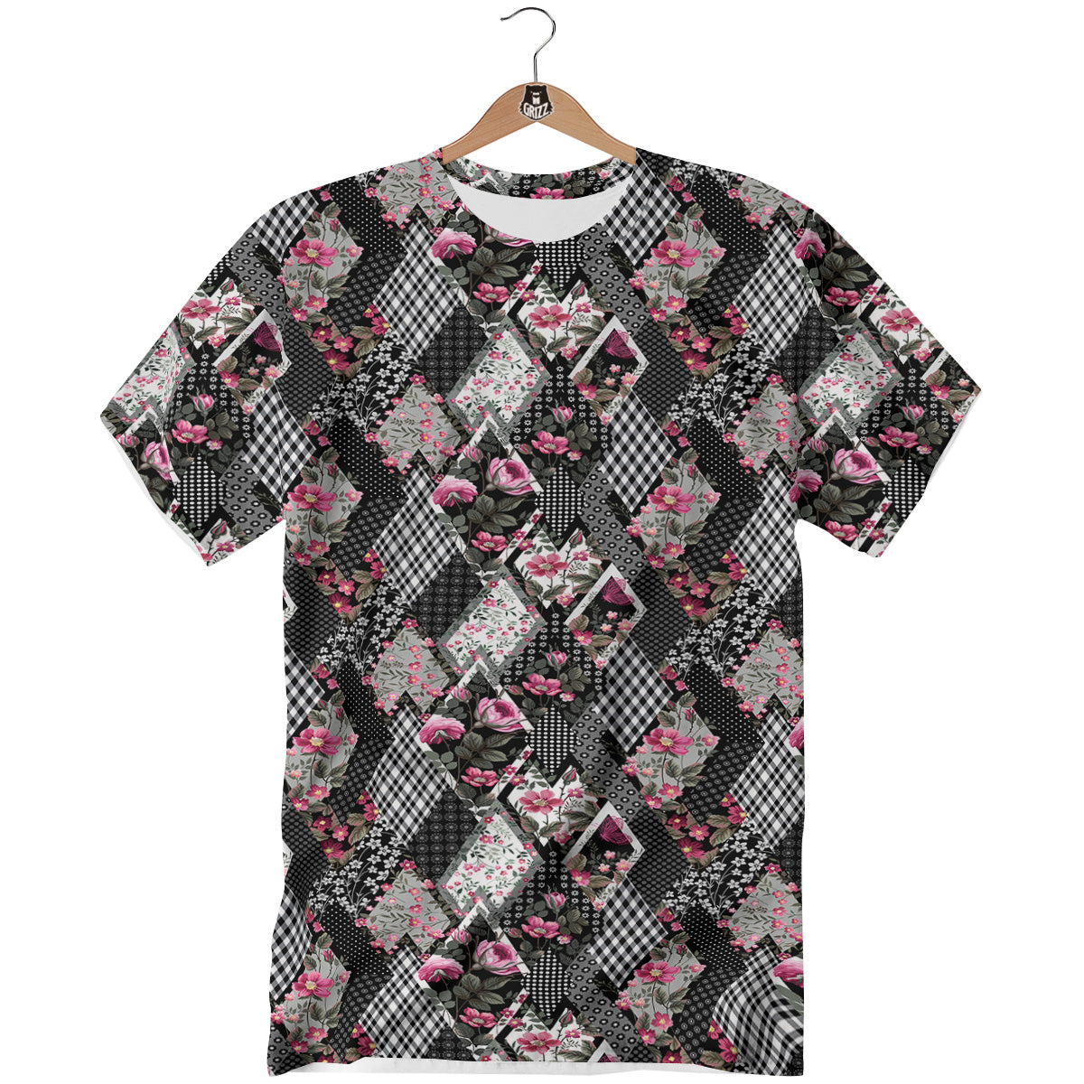 Patchwork Floral Black Pink Print Pattern T-Shirt-grizzshop