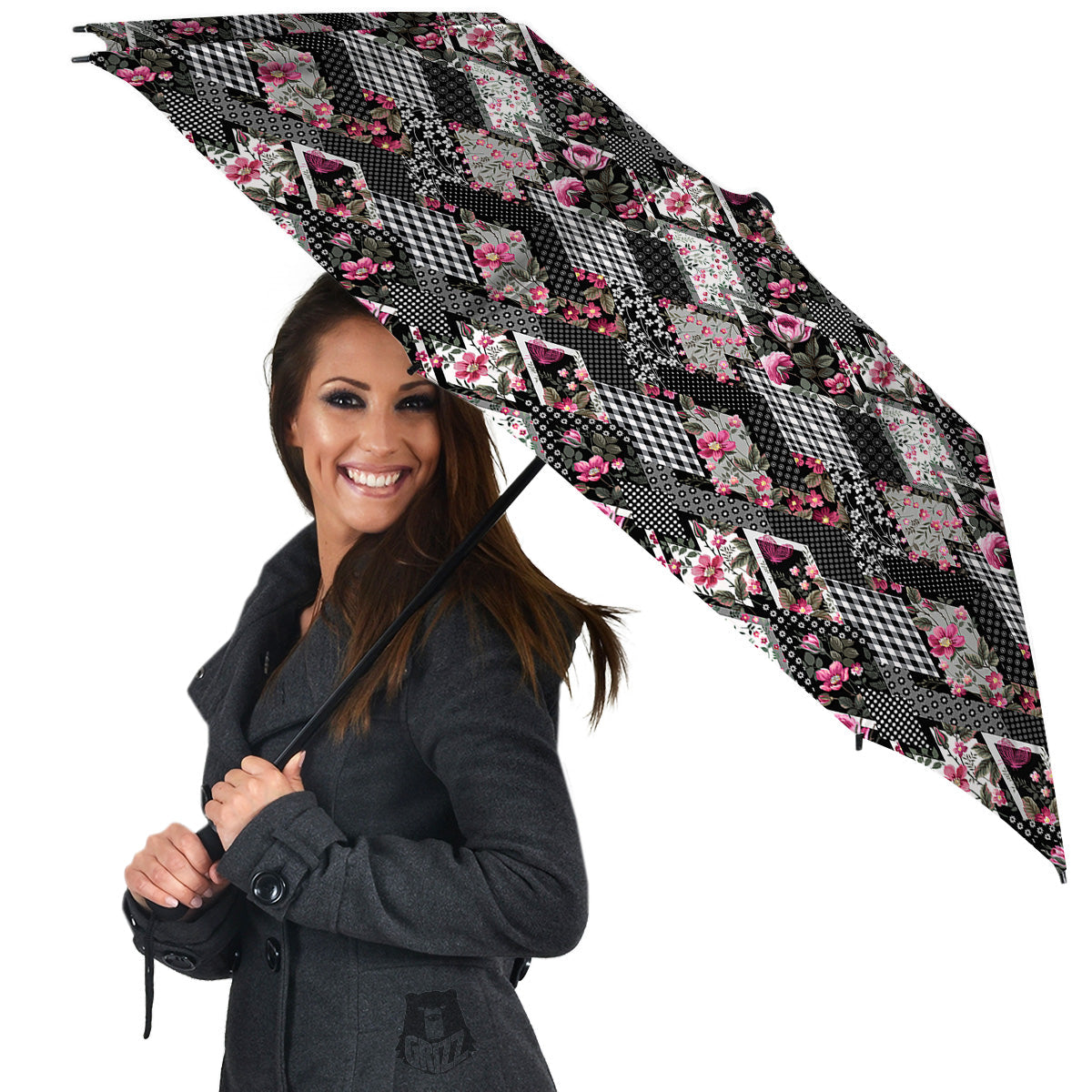 Patchwork Floral Black Pink Print Pattern Umbrella-grizzshop