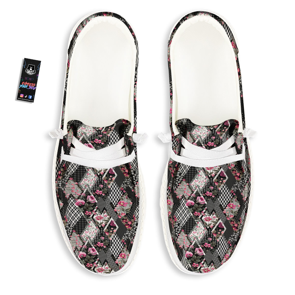 Patchwork Floral Black Pink Print Pattern White Loafers-grizzshop