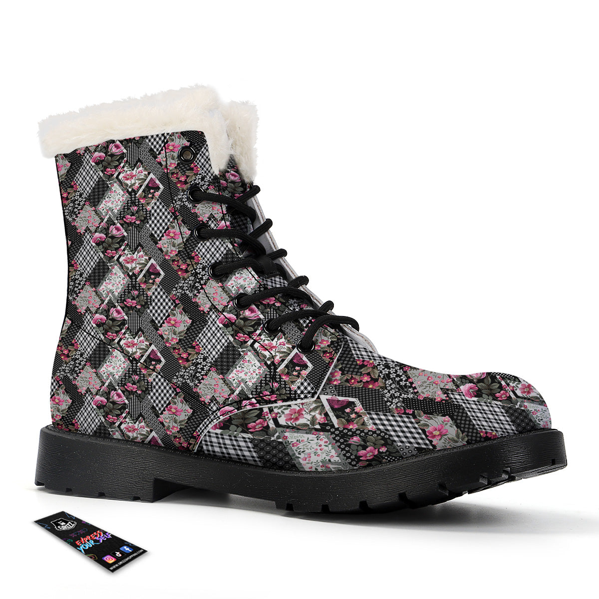 Patchwork Floral Black Pink Print Pattern Winter Boots-grizzshop