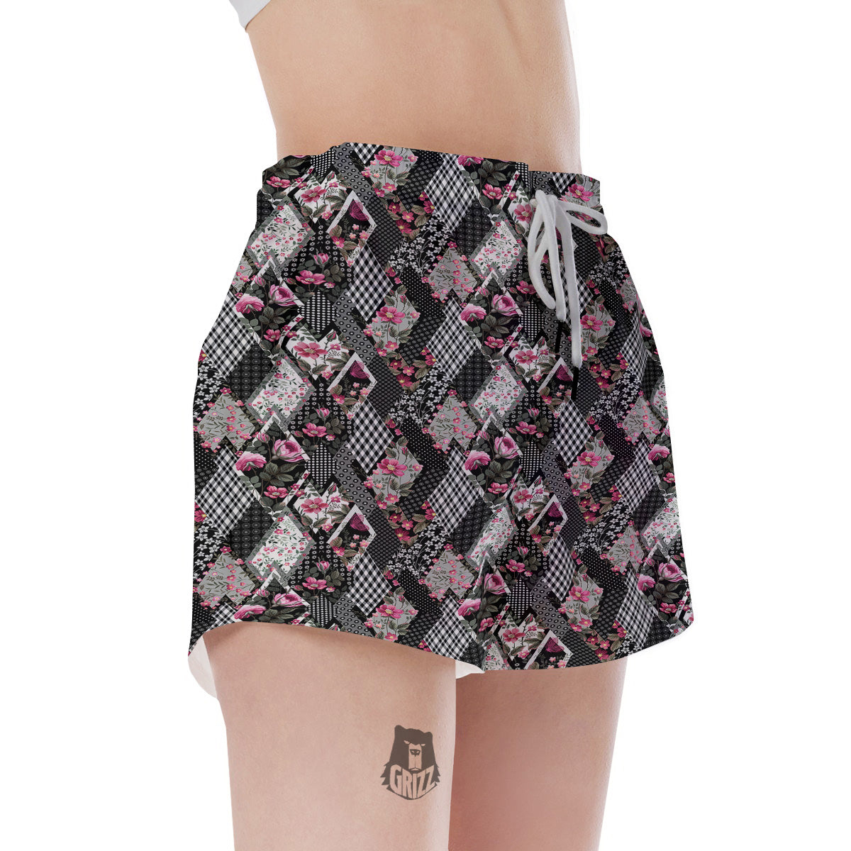 Patchwork Floral Black Pink Print Pattern Women's Shorts-grizzshop