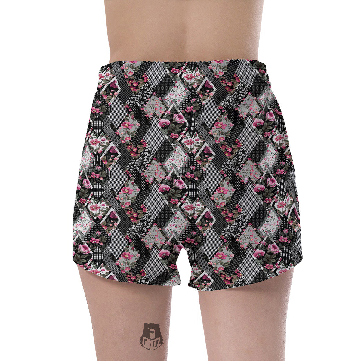 Patchwork Floral Black Pink Print Pattern Women's Shorts-grizzshop