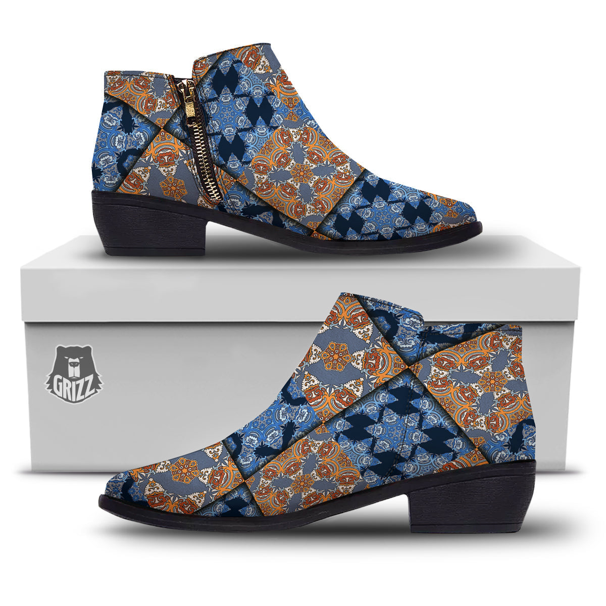 Patchwork Floral Vintage Print Pattern Ankle Boots-grizzshop