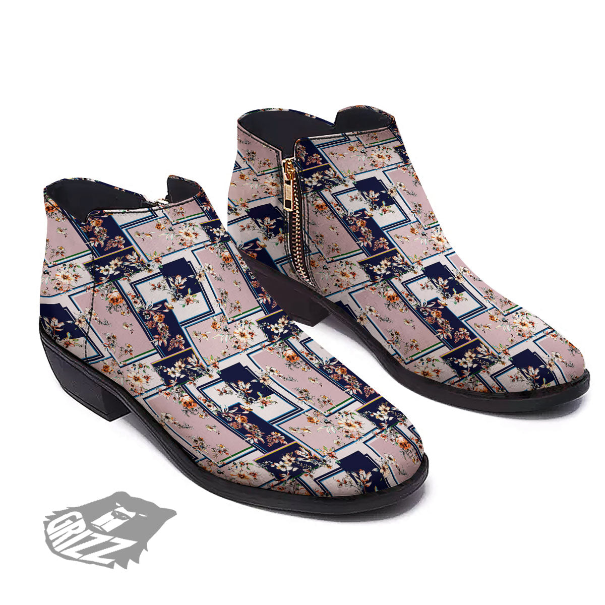 Patchwork Flower Vintage Print Pattern Ankle Boots-grizzshop
