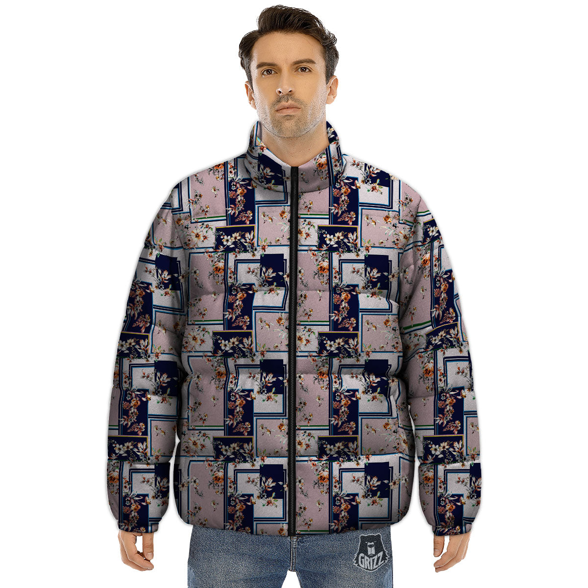 Patchwork Flower Vintage Print Pattern Puffer Jacket-grizzshop