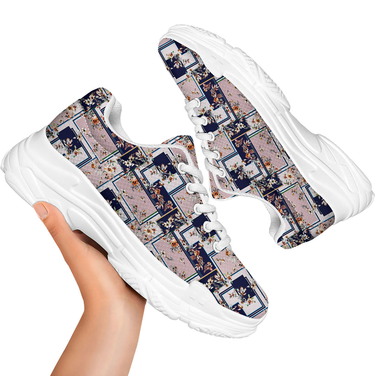 Patchwork Flower Vintage Print Pattern White Chunky Shoes-grizzshop