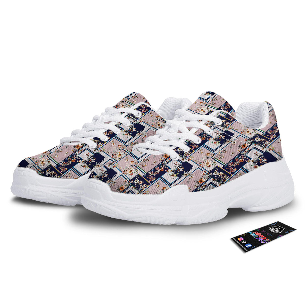 Patchwork Flower Vintage Print Pattern White Chunky Shoes-grizzshop