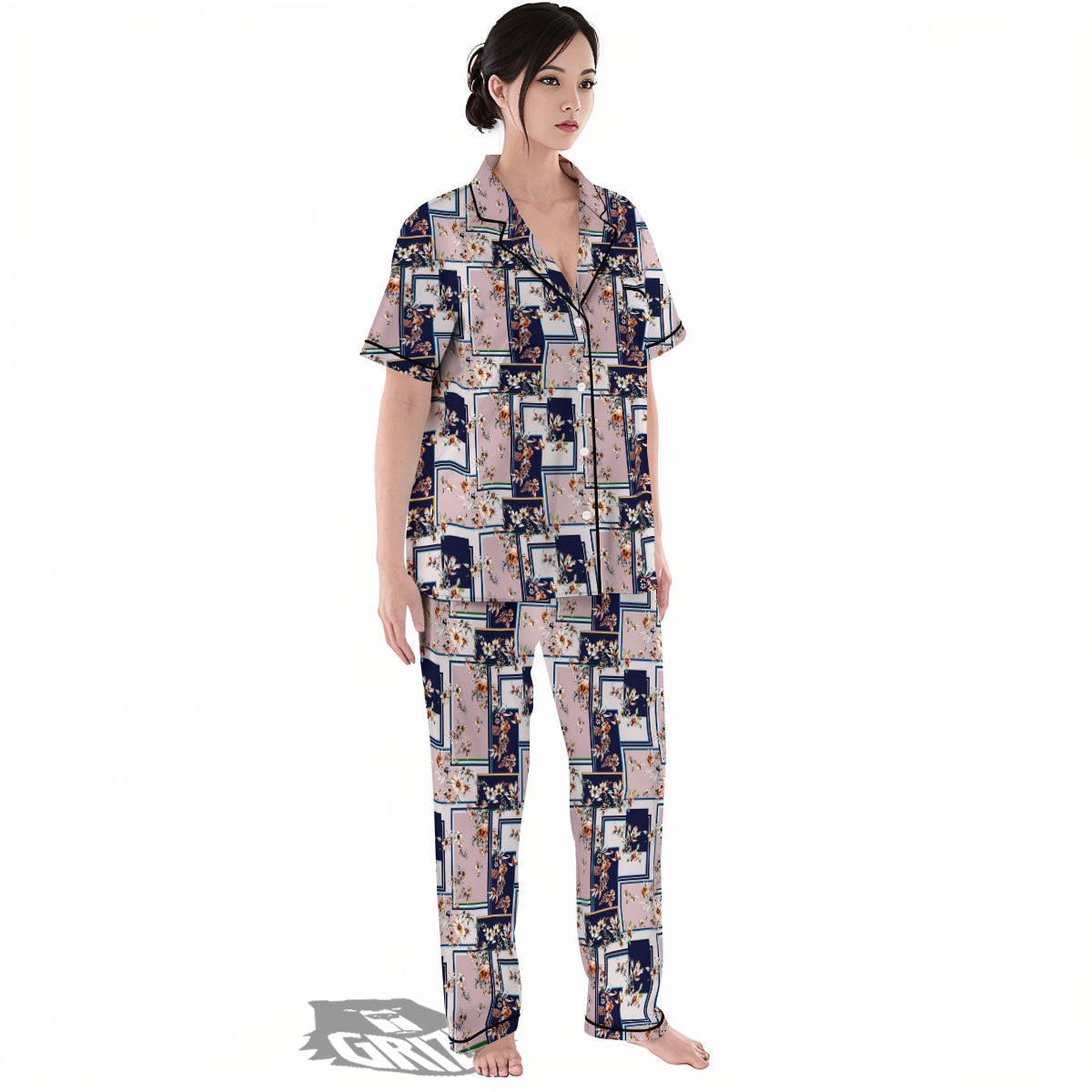 Patchwork Flower Vintage Print Pattern Women's Pajamas Set-grizzshop