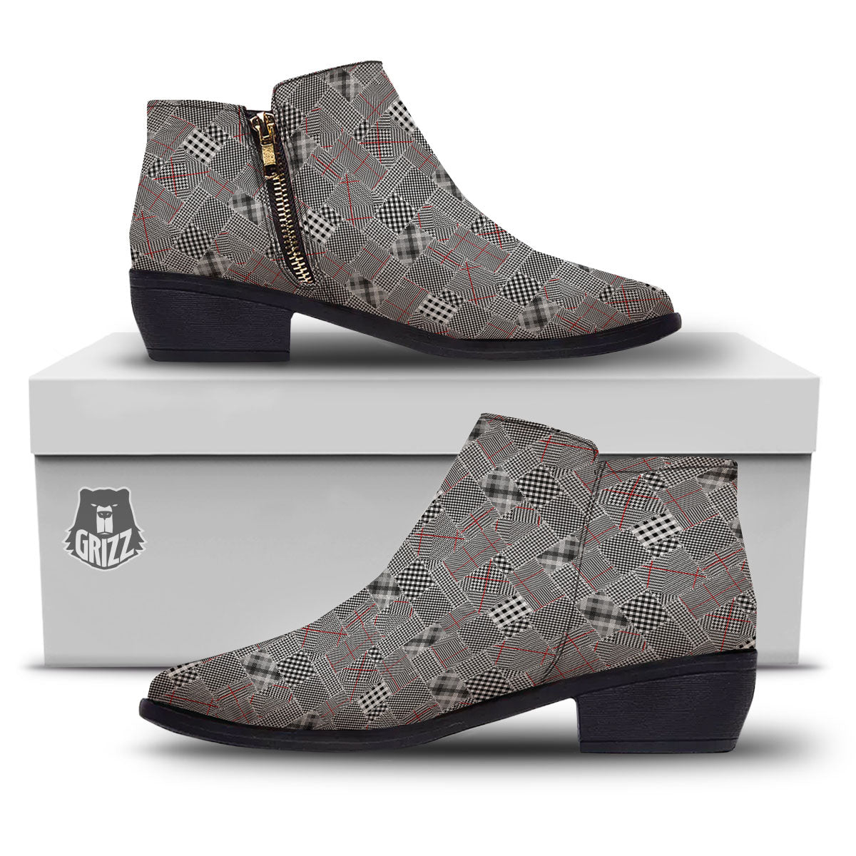 Patchwork Glen Plaid Print Pattern Ankle Boots-grizzshop