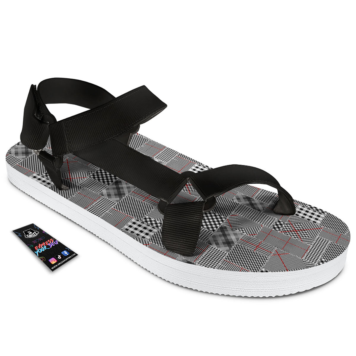 Patchwork Glen Plaid Print Pattern Black Open Toe Sandals-grizzshop