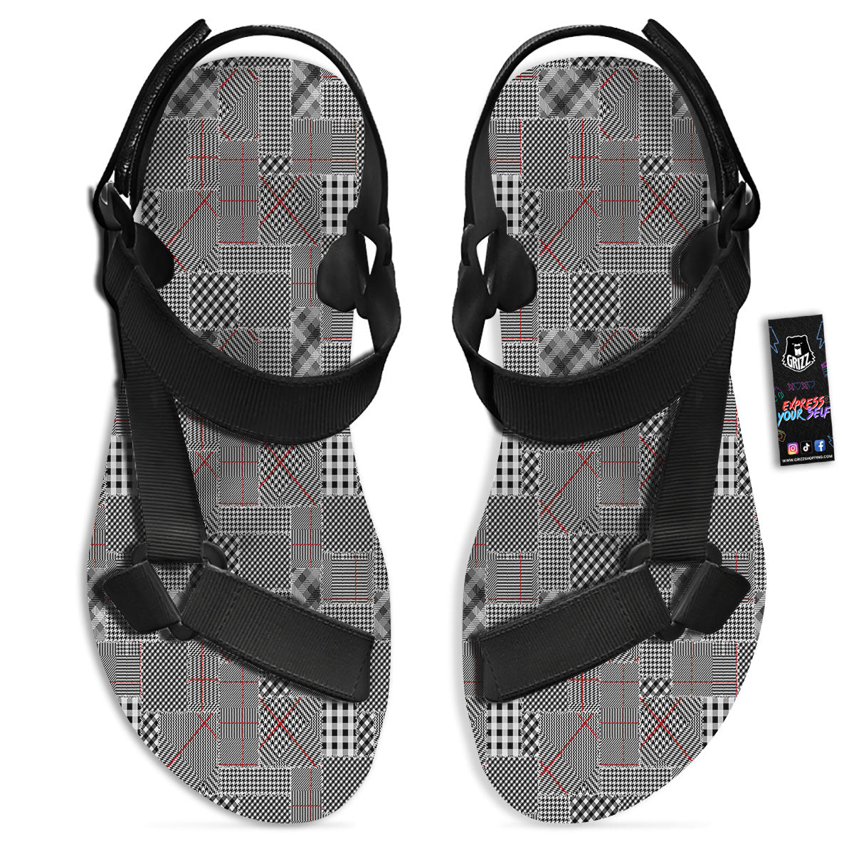 Patchwork Glen Plaid Print Pattern Black Open Toe Sandals-grizzshop