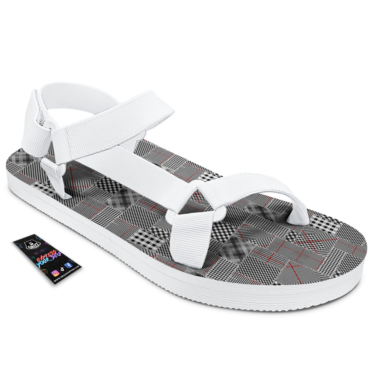 Patchwork Glen Plaid Print Pattern White Open Toe Sandals-grizzshop