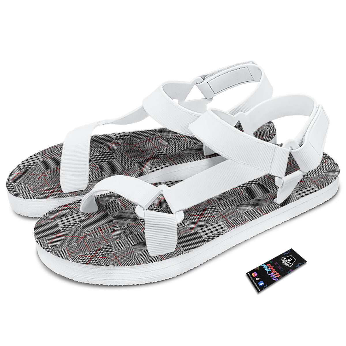 Patchwork Glen Plaid Print Pattern White Open Toe Sandals-grizzshop