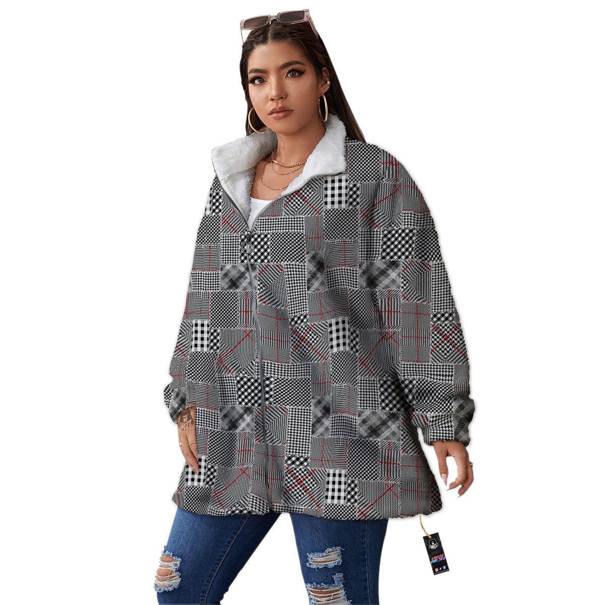 Patchwork Glen Plaid Print Pattern Women's Sherpa Jacket-grizzshop