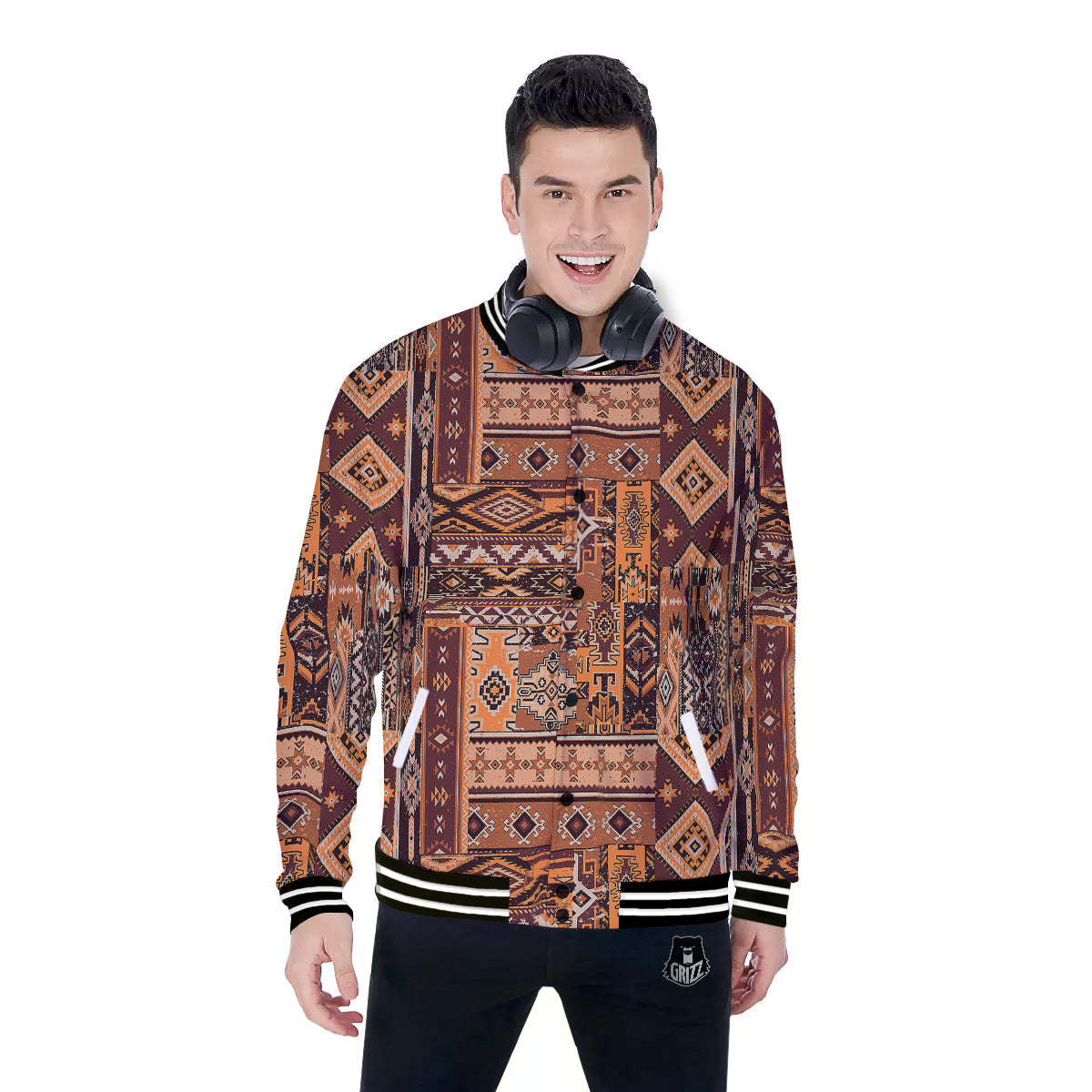 Patchwork Grunge Native American Print Pattern Baseball Jacket-grizzshop