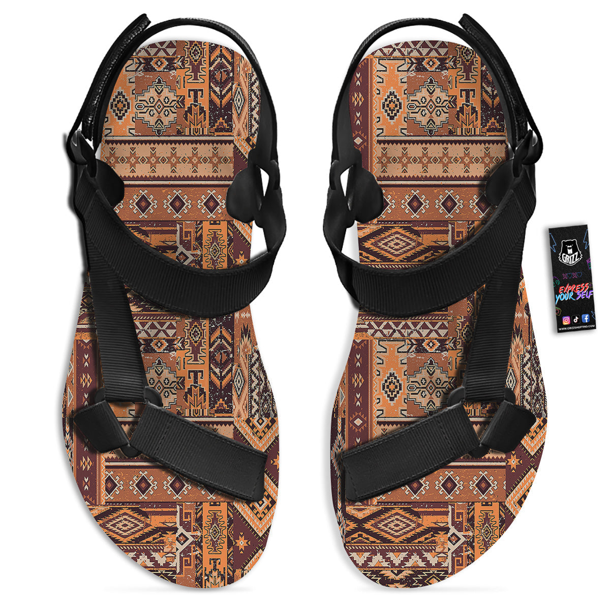Patchwork Grunge Native American Print Pattern Black Open Toe Sandals-grizzshop