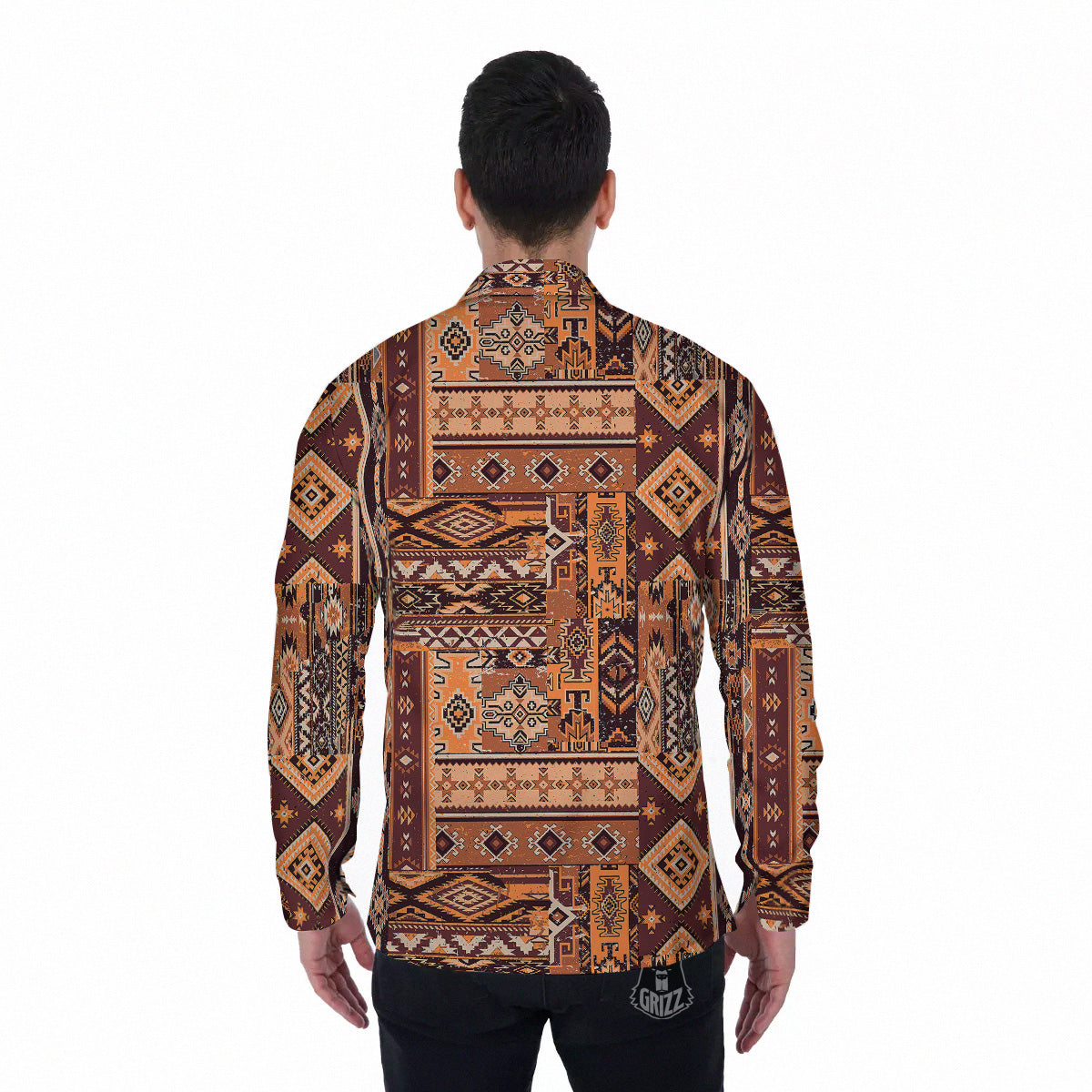 Patchwork Grunge Native American Print Pattern Men's Long Sleeve Shirts-grizzshop