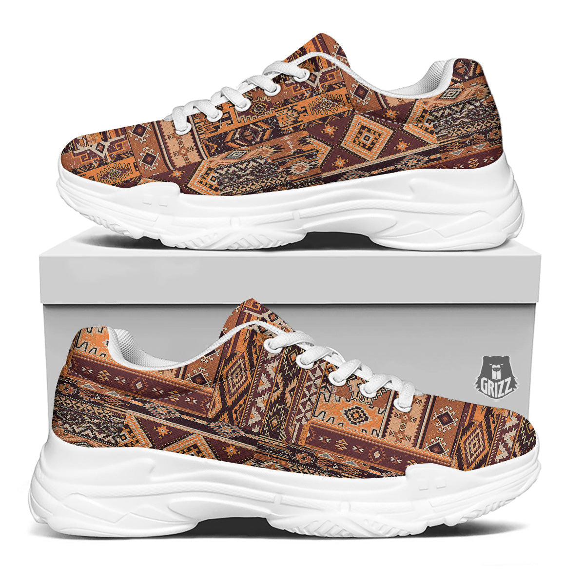 Patchwork Grunge Native American Print Pattern White Chunky Shoes-grizzshop