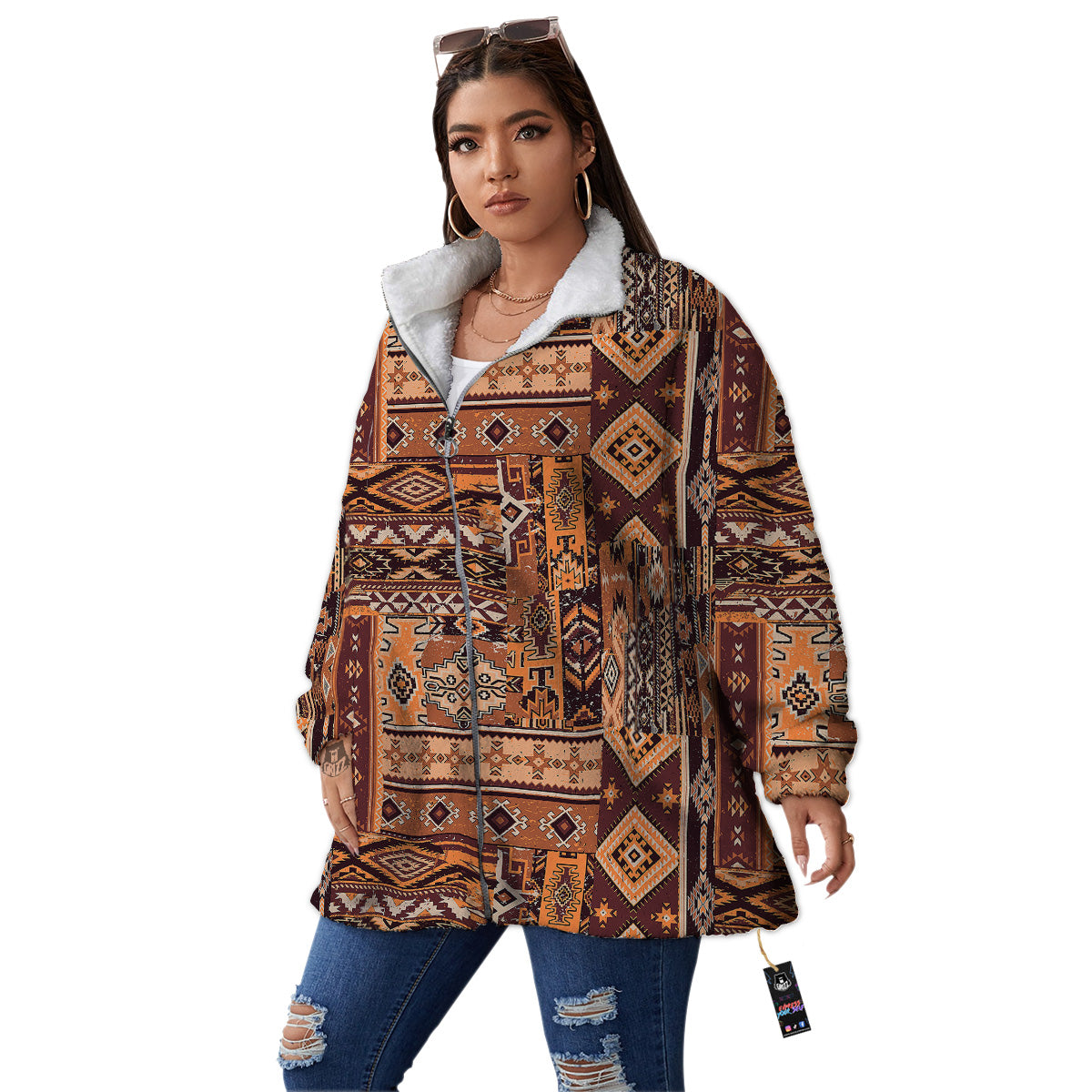 Patchwork Grunge Native American Print Pattern Women's Sherpa Jacket-grizzshop