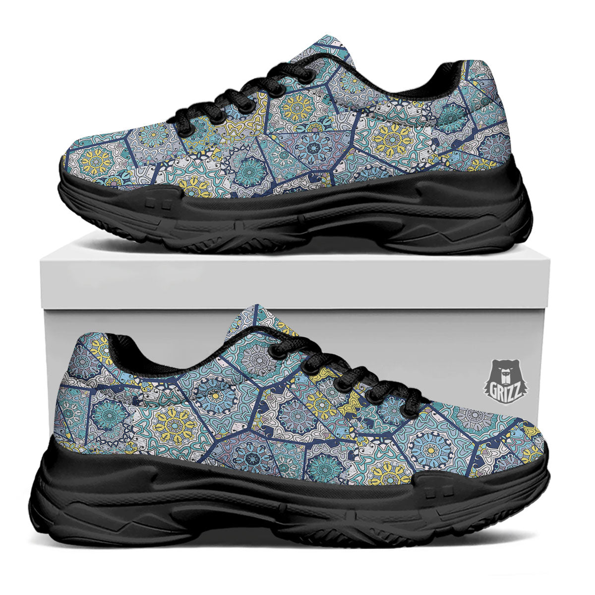 Patchwork Indian Floral Print Pattern Black Chunky Shoes-grizzshop
