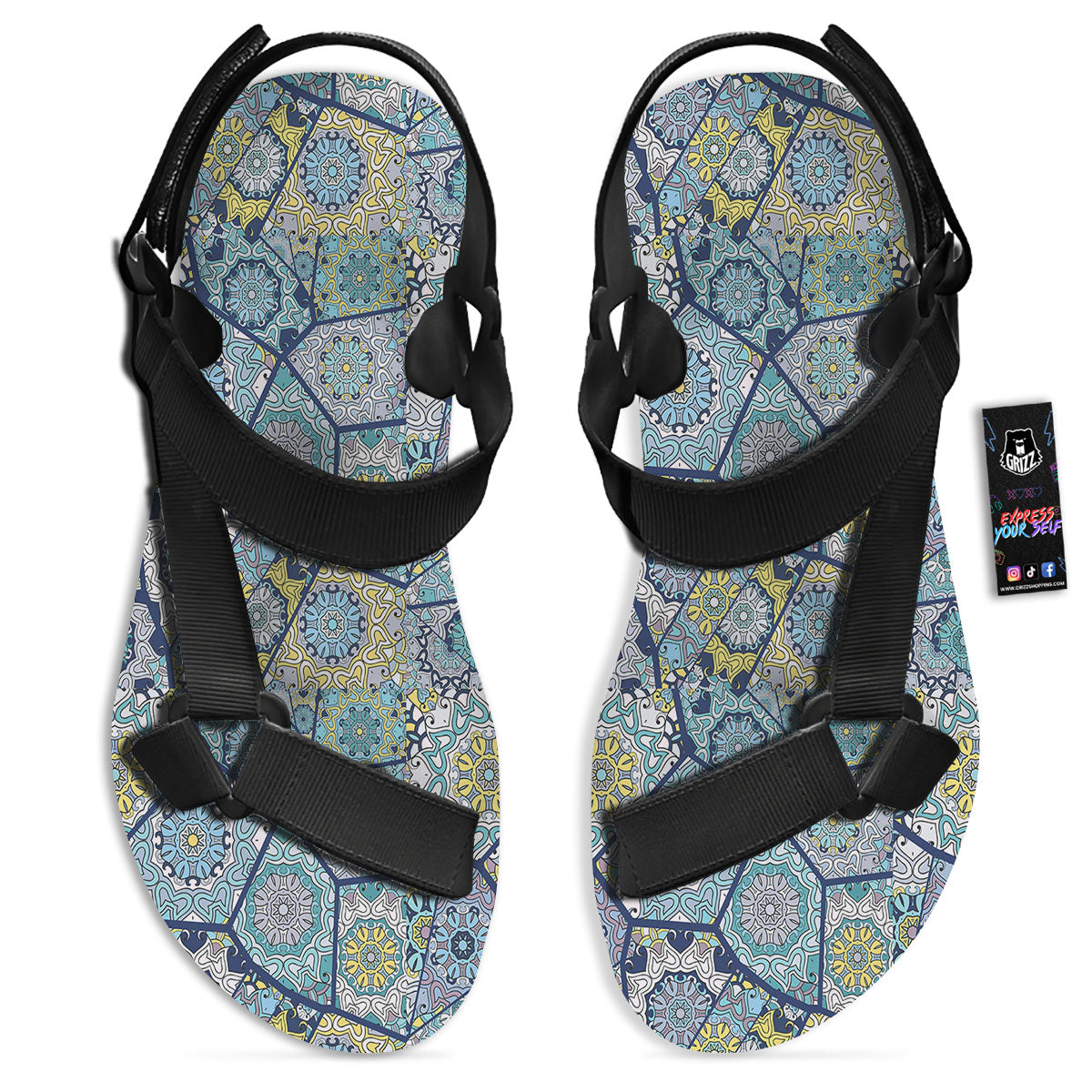 Patchwork Indian Floral Print Pattern Black Open Toe Sandals-grizzshop