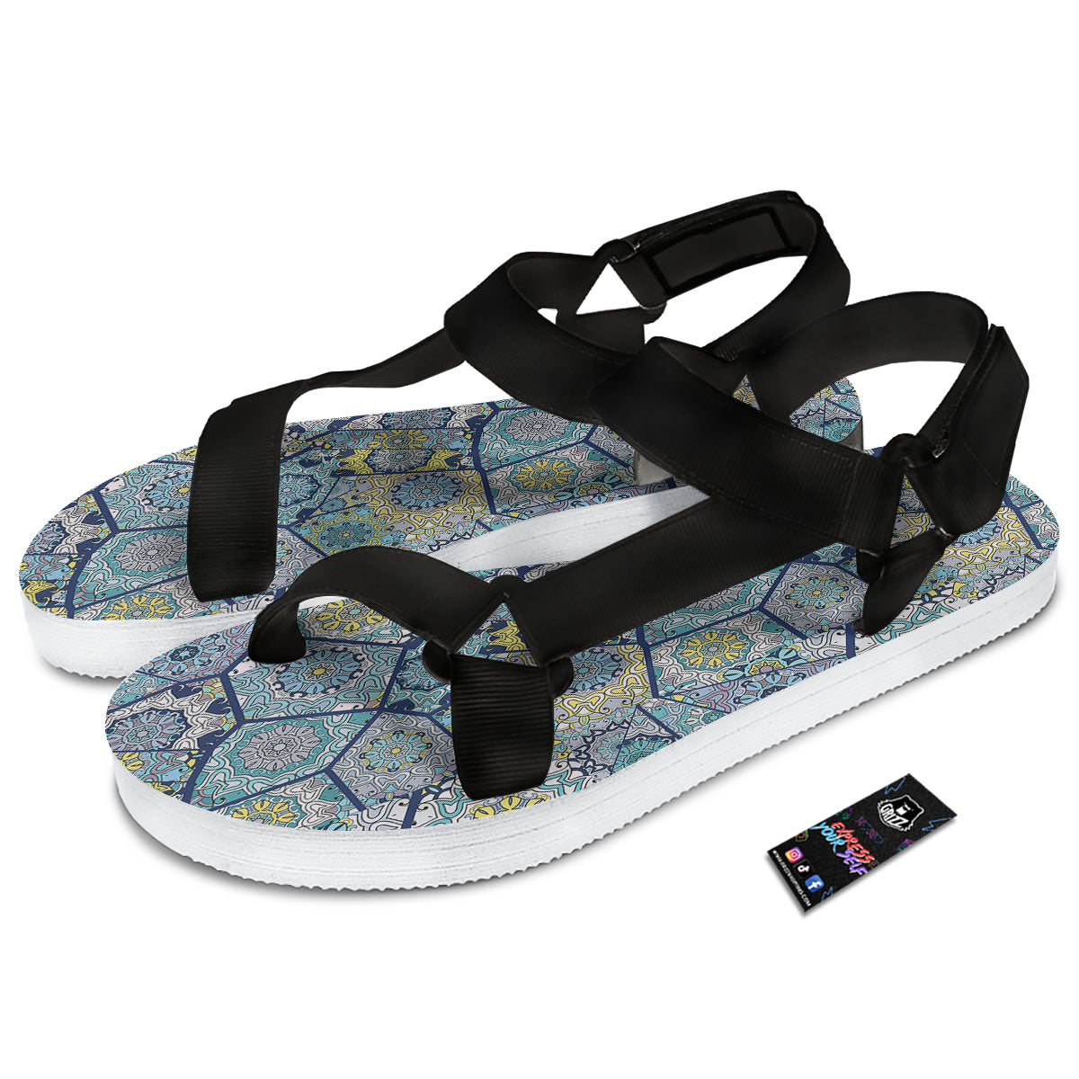 Patchwork Indian Floral Print Pattern Black Open Toe Sandals-grizzshop