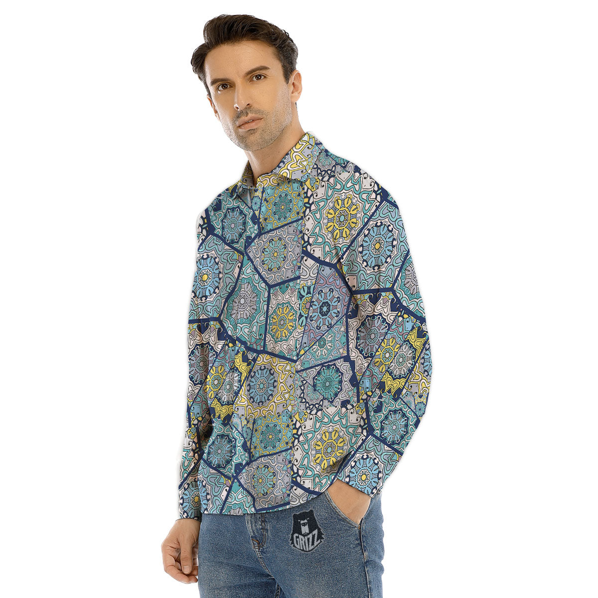 Patchwork Indian Floral Print Pattern Men's Dress Shirts-grizzshop