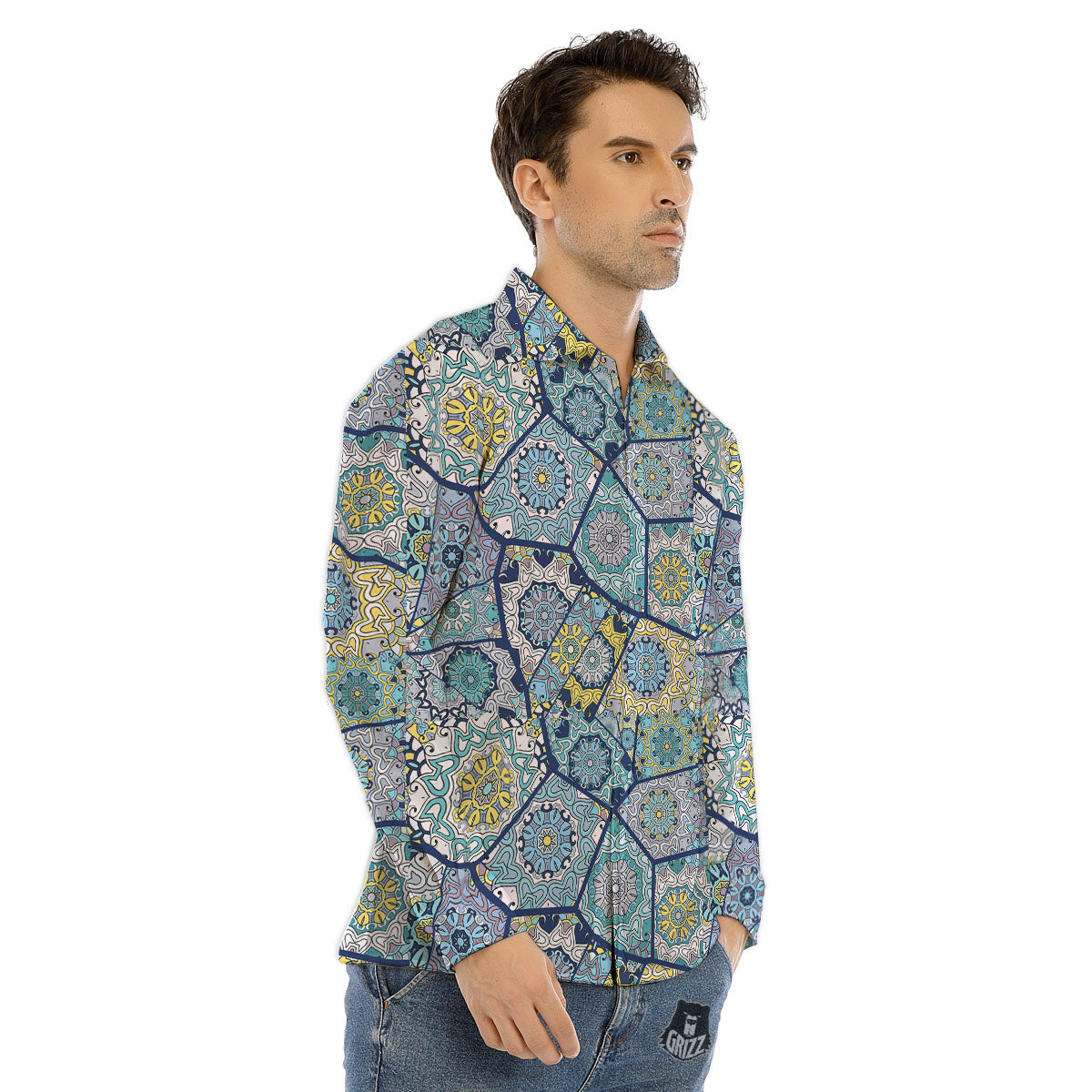 Patchwork Indian Floral Print Pattern Men's Dress Shirts-grizzshop