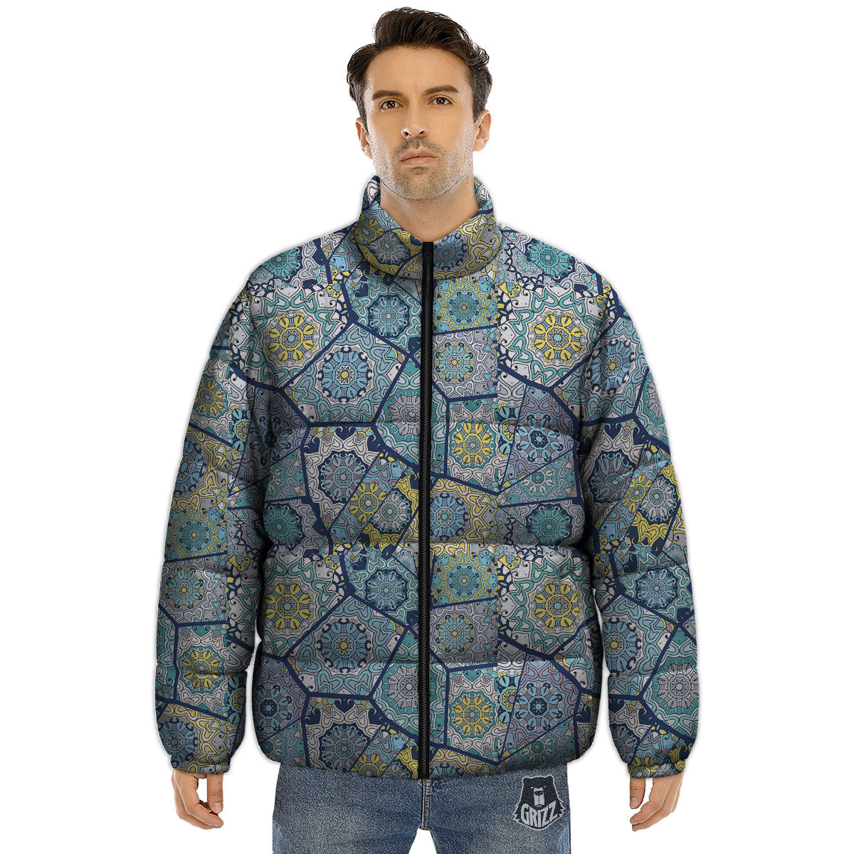 Patchwork Indian Floral Print Pattern Puffer Jacket-grizzshop