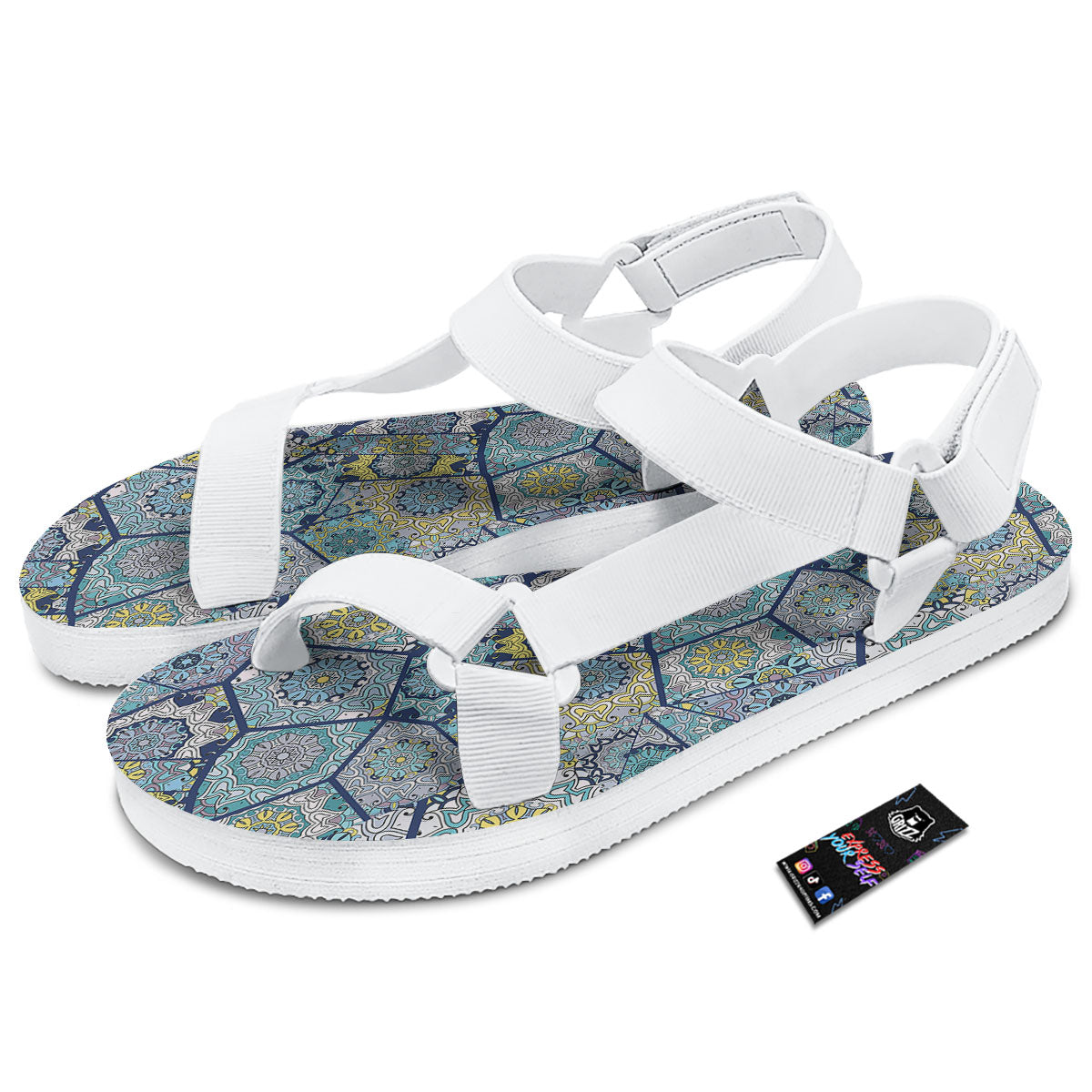 Patchwork Indian Floral Print Pattern White Open Toe Sandals-grizzshop