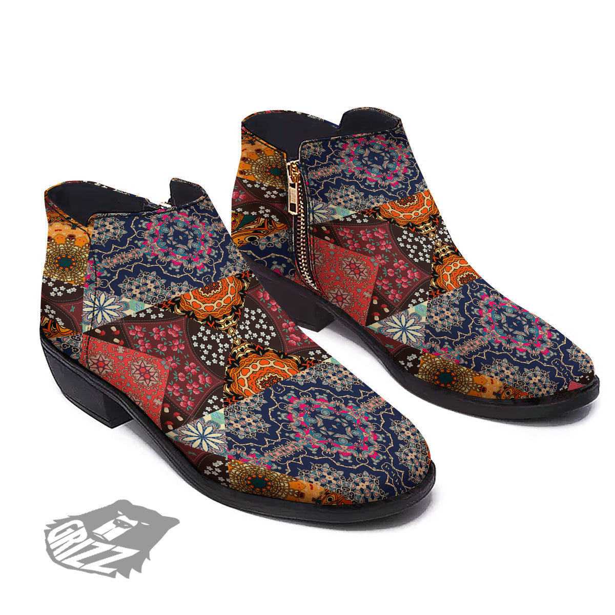 Patchwork Indian Flower Mandala Print Pattern Ankle Boots-grizzshop