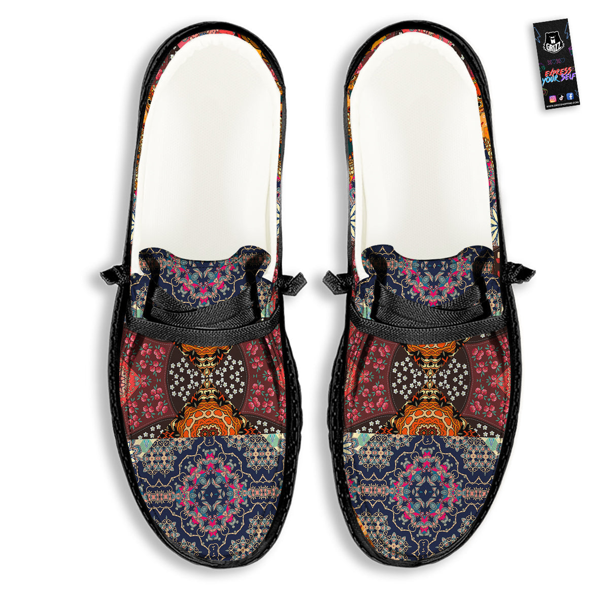 Patchwork Indian Flower Mandala Print Pattern Black Loafers-grizzshop