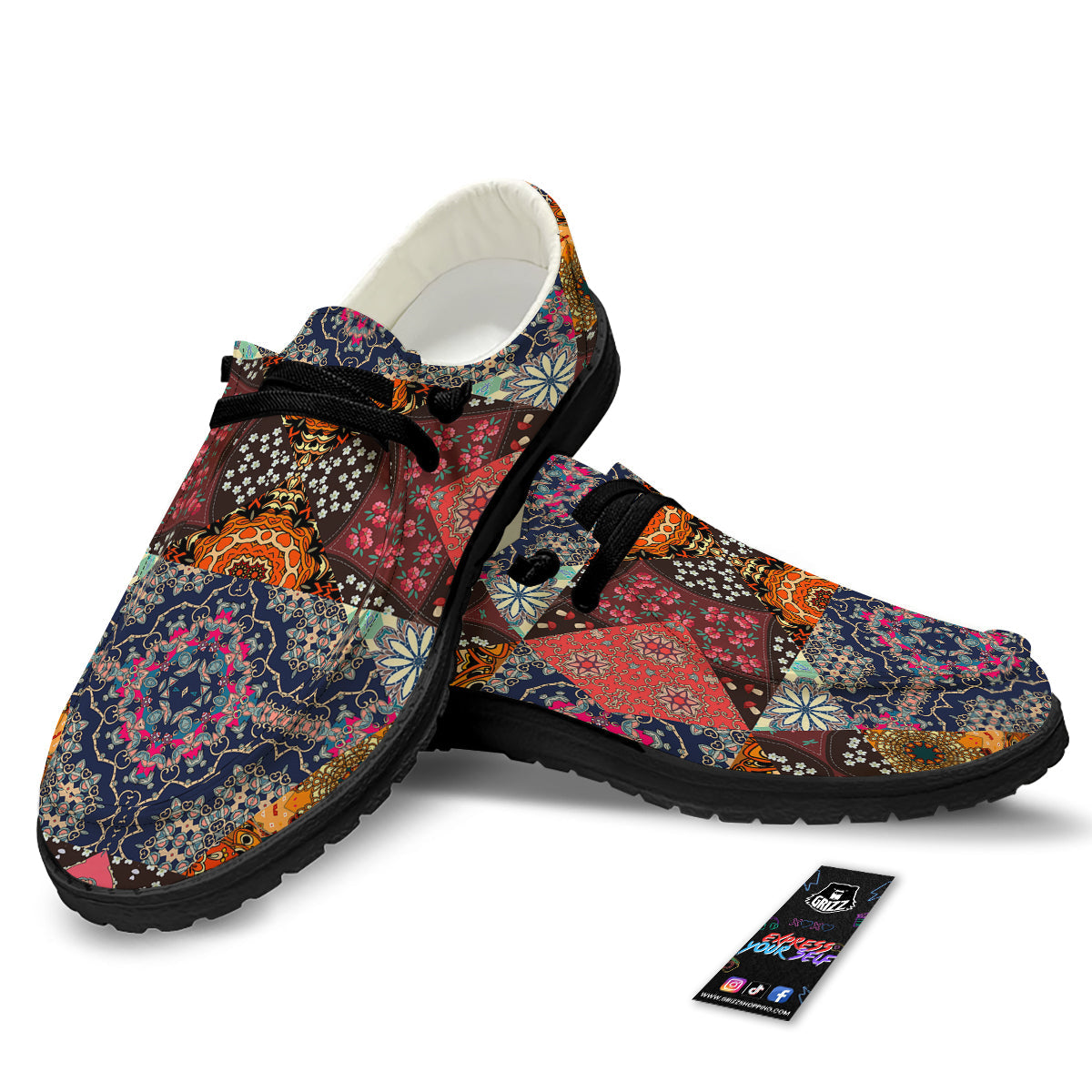 Patchwork Indian Flower Mandala Print Pattern Black Loafers-grizzshop