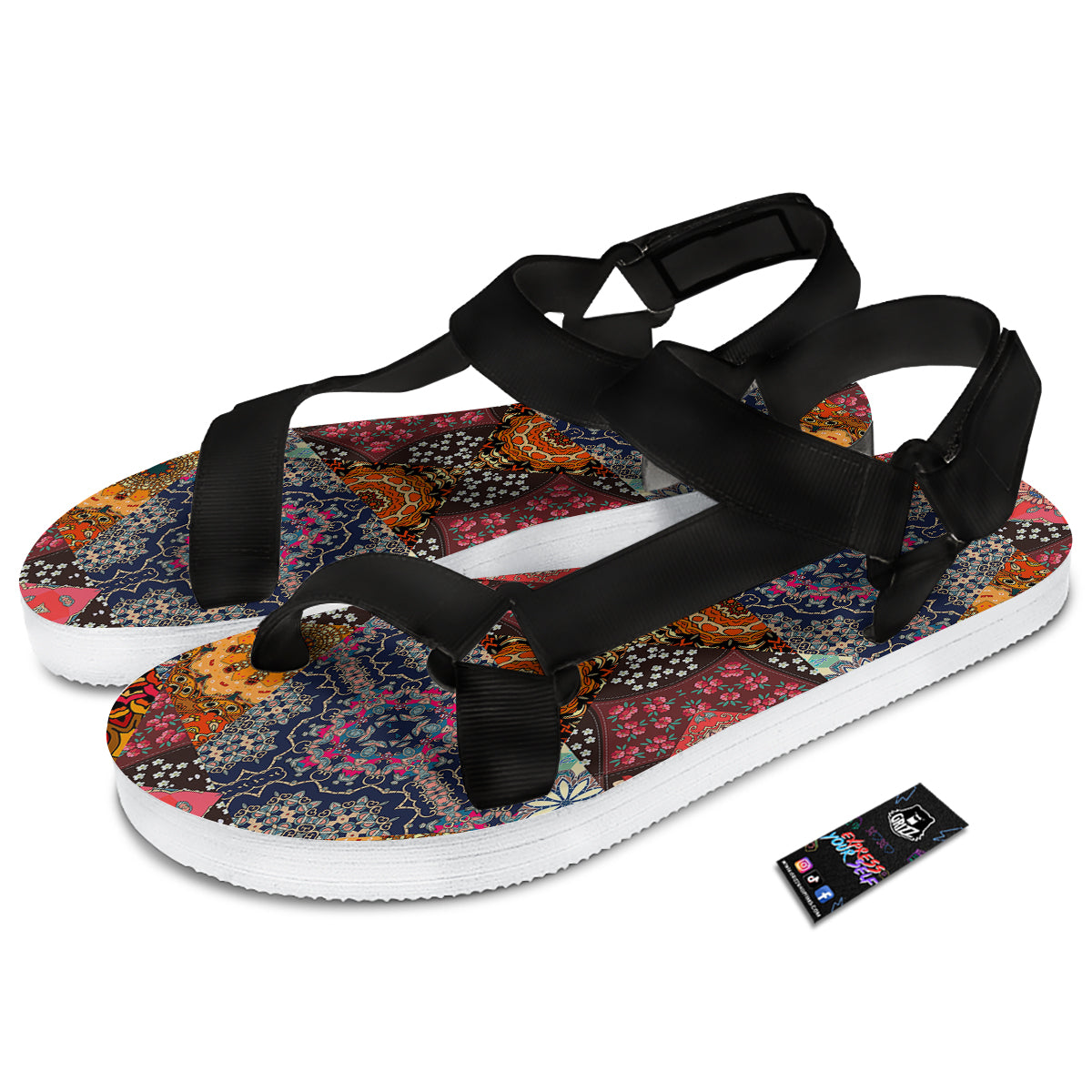 Patchwork Indian Flower Mandala Print Pattern Black Open Toe Sandals-grizzshop