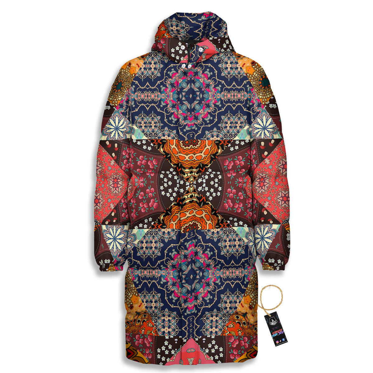 Patchwork Indian Flower Mandala Print Pattern Long Down Jacket-grizzshop