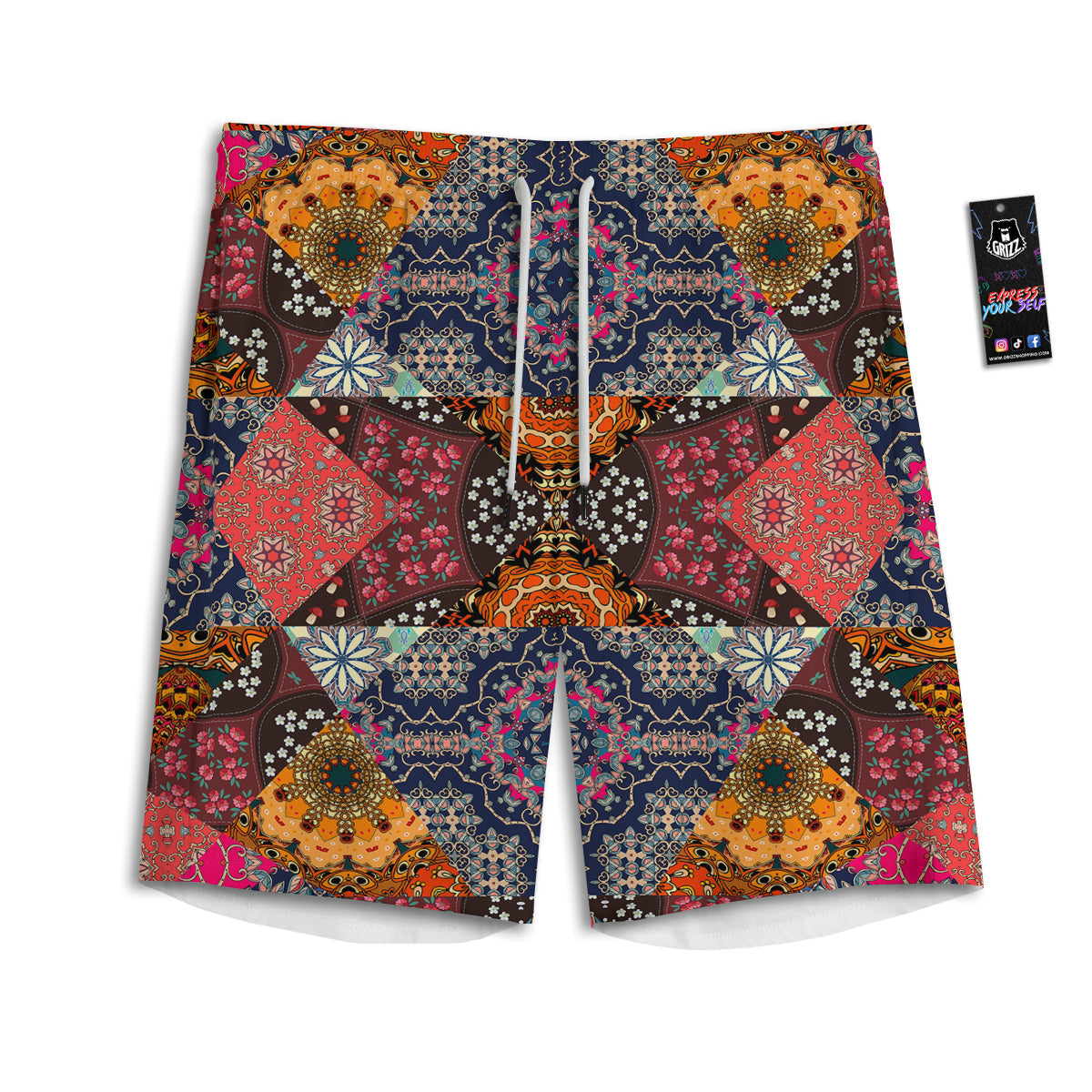 Patchwork Indian Flower Mandala Print Pattern Men's Athletic Shorts-grizzshop