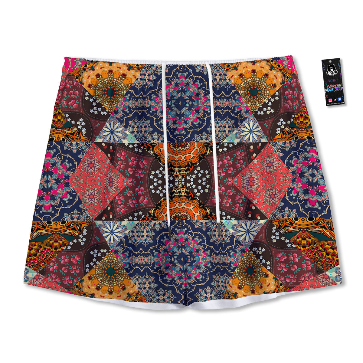 Patchwork Indian Flower Mandala Print Pattern Mesh Shorts-grizzshop